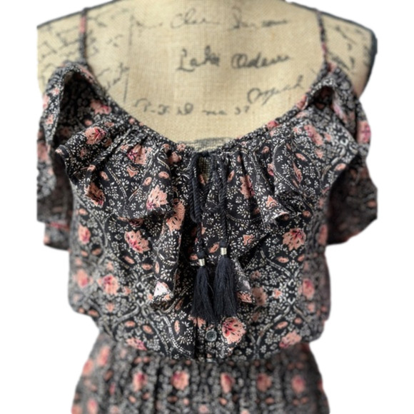 American Eagle Ditsy Floral Mini Dress XS Ruffle Neck Tassel Boho - Picture 6 of 12